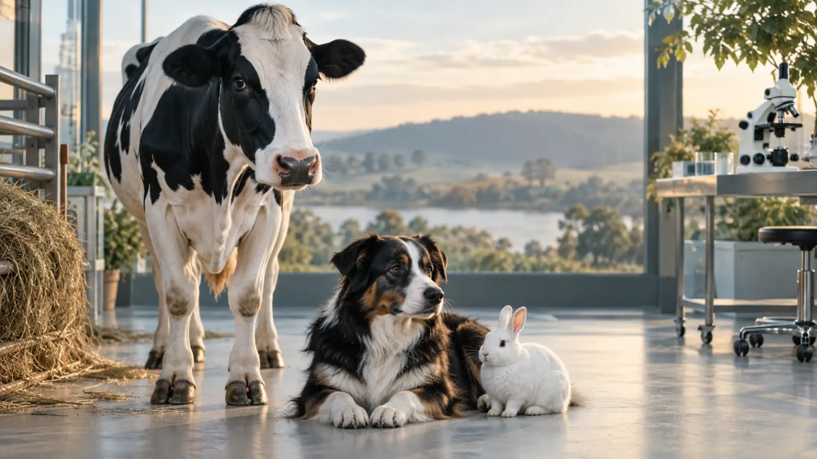 Editorial illustration of a dairy cow, companion dog and rabbit representing animal and veterinary science
