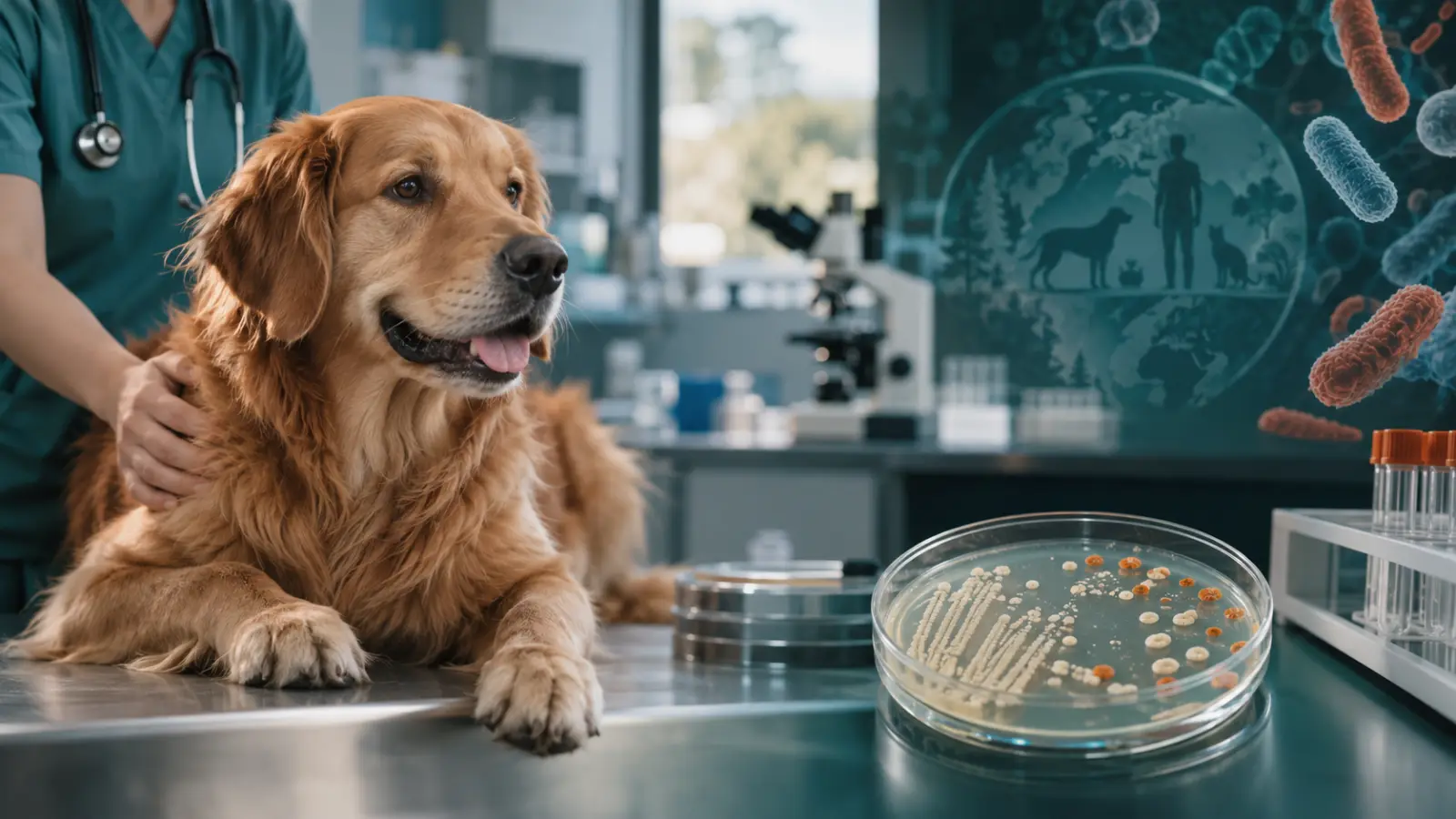 Editorial illustration linking a companion dog with a bacterial culture and antimicrobial resistance