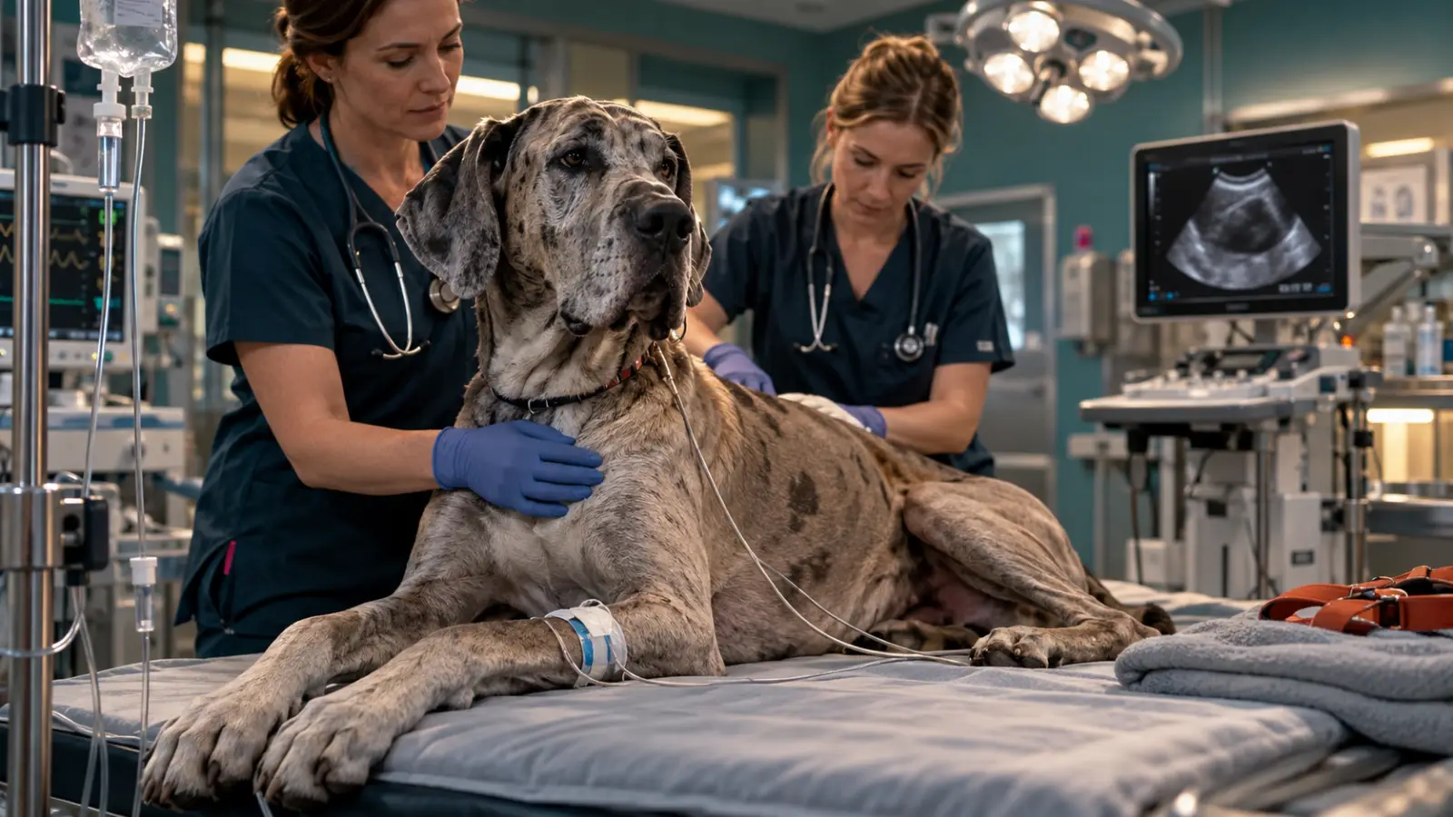Non-graphic clinical editorial illustration of a large dog and a stylised stomach
