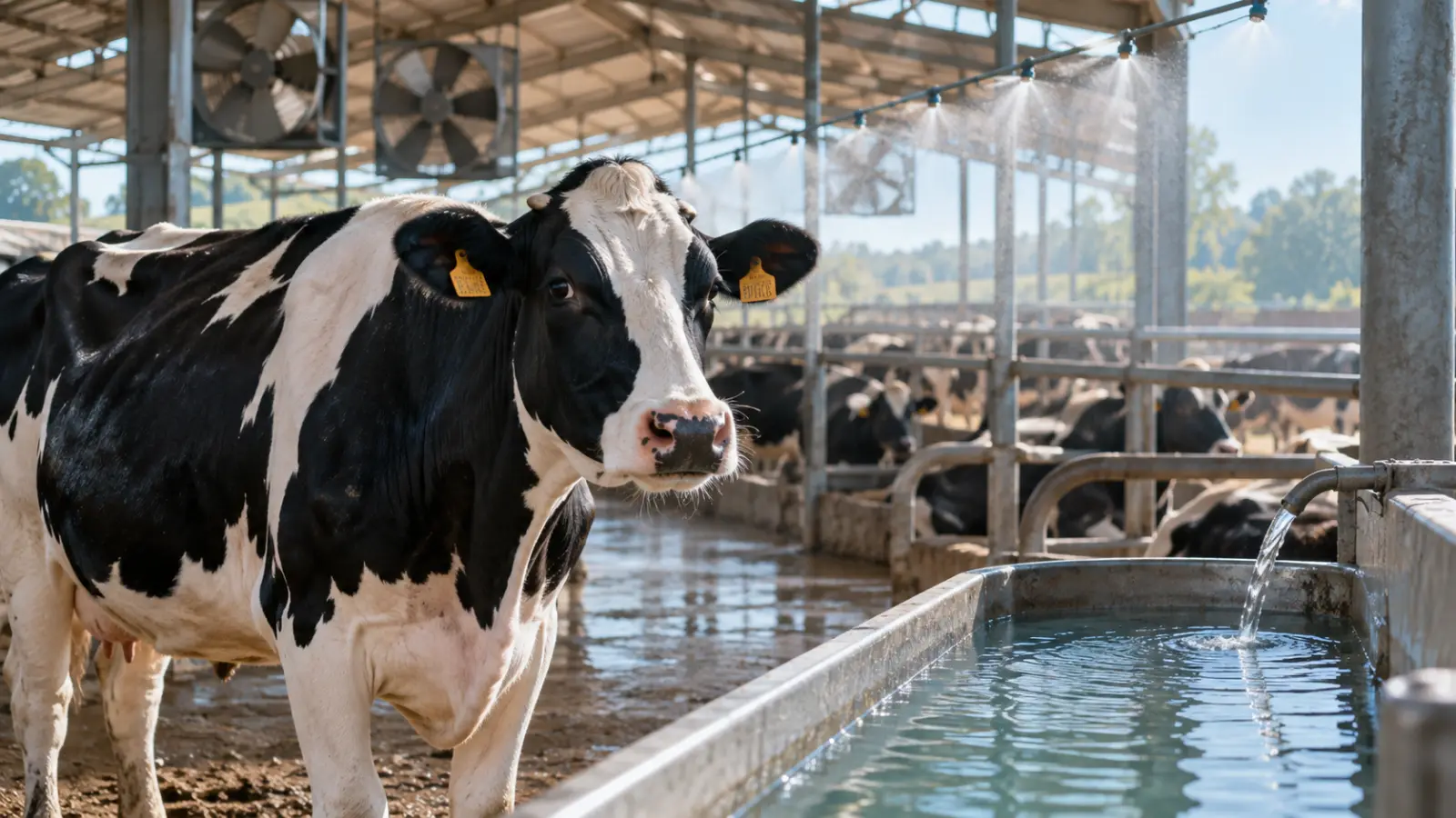 Editorial illustration of a dairy cow in a warm environment with cooling symbols