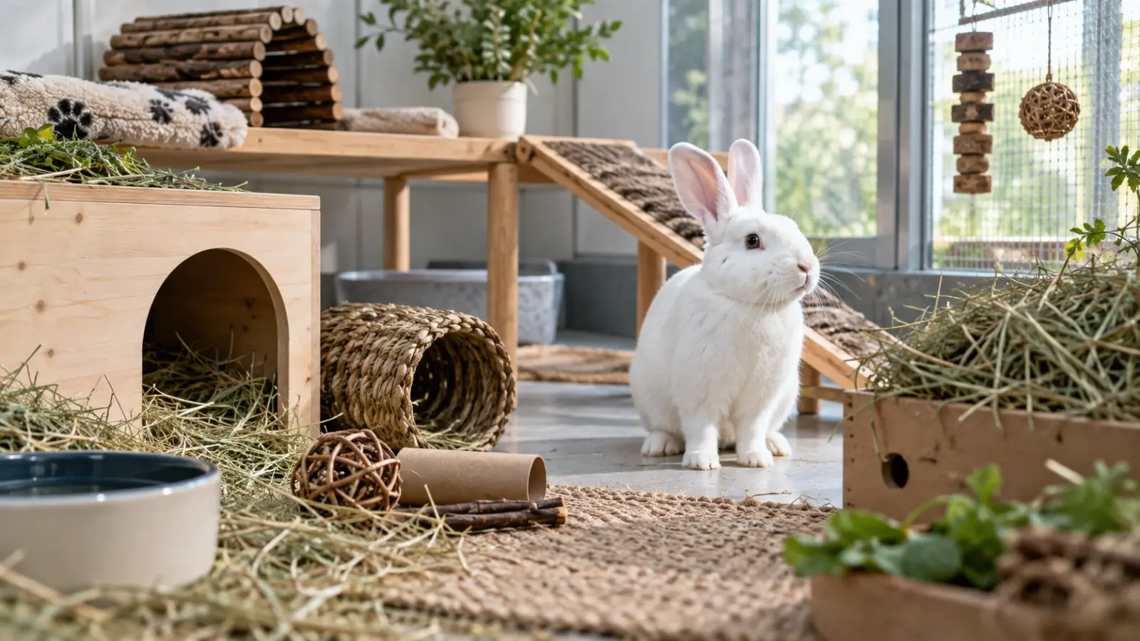 Editorial illustration of a laboratory rabbit beside a shelter, hay and enrichment structures